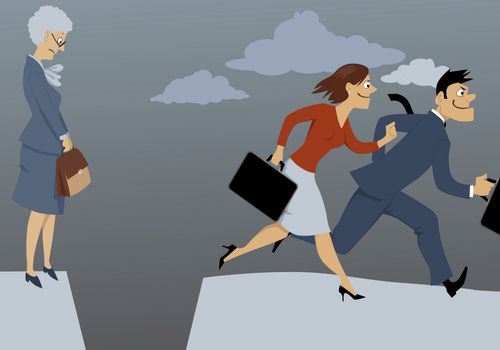 Image is of an illustration of an older woman standing at a cliff with a gap between her and coworkers who are speeding across, concept of age discrimination in the workplace