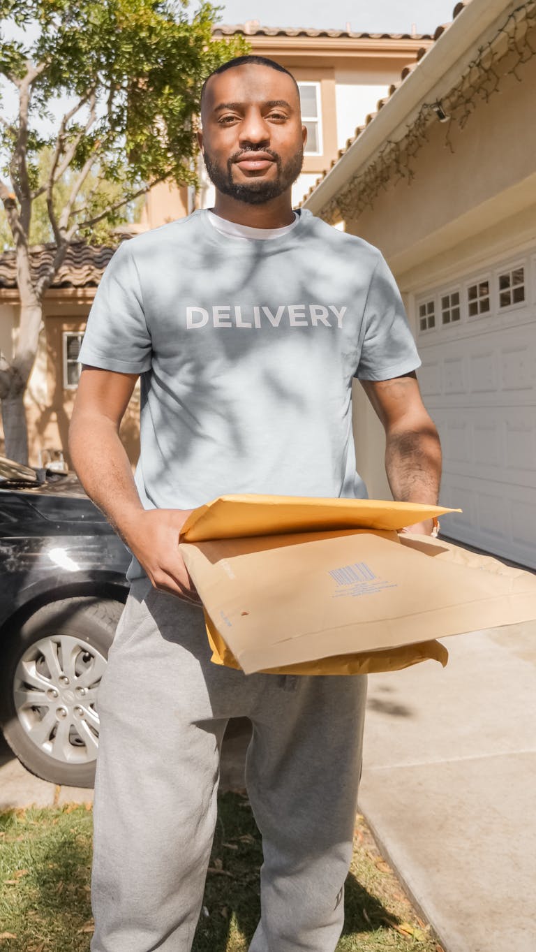 A delivery man holding parcels outdoors on a sunny day near a house and car.
